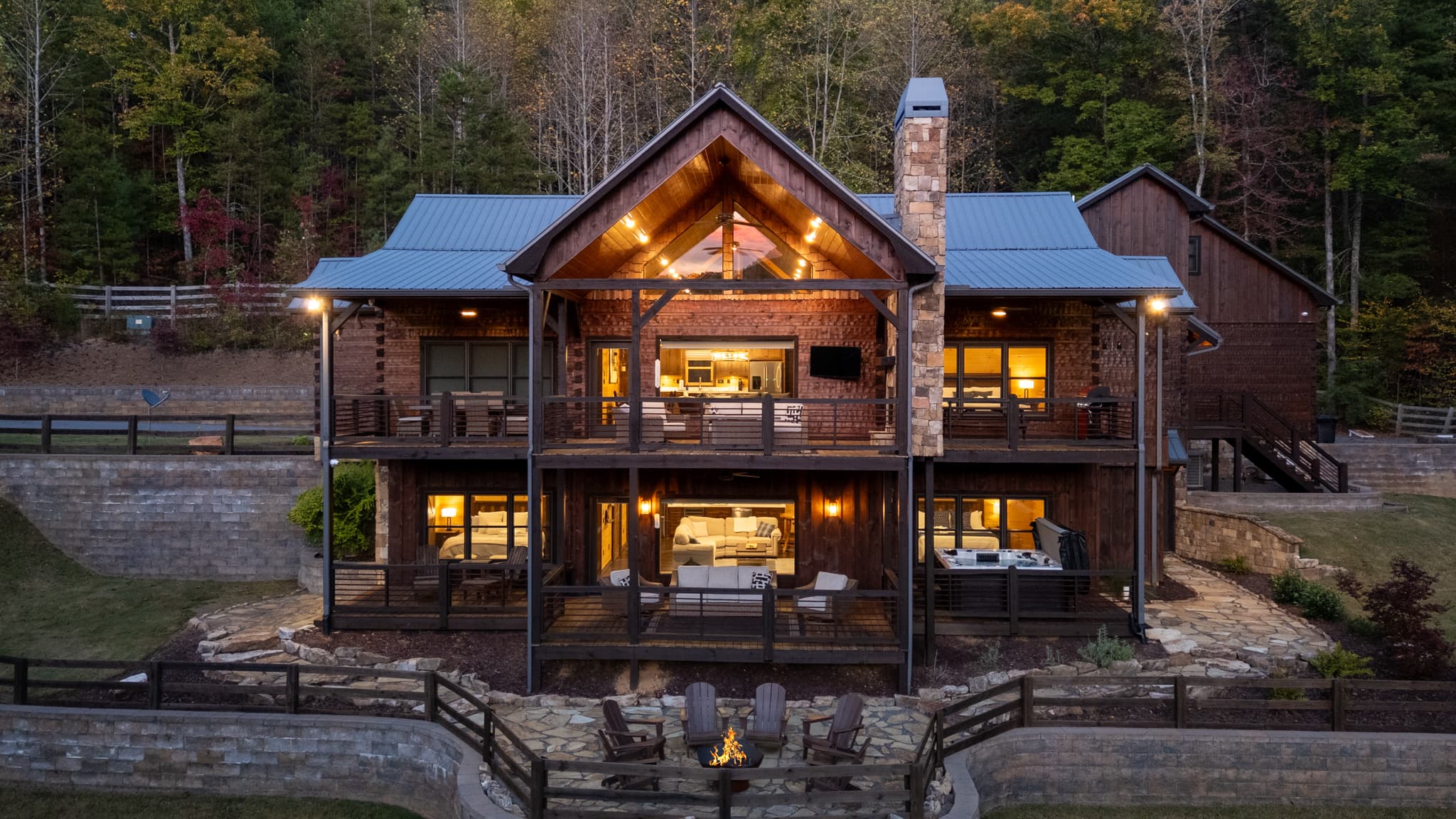 The lodge lit up at twilight
