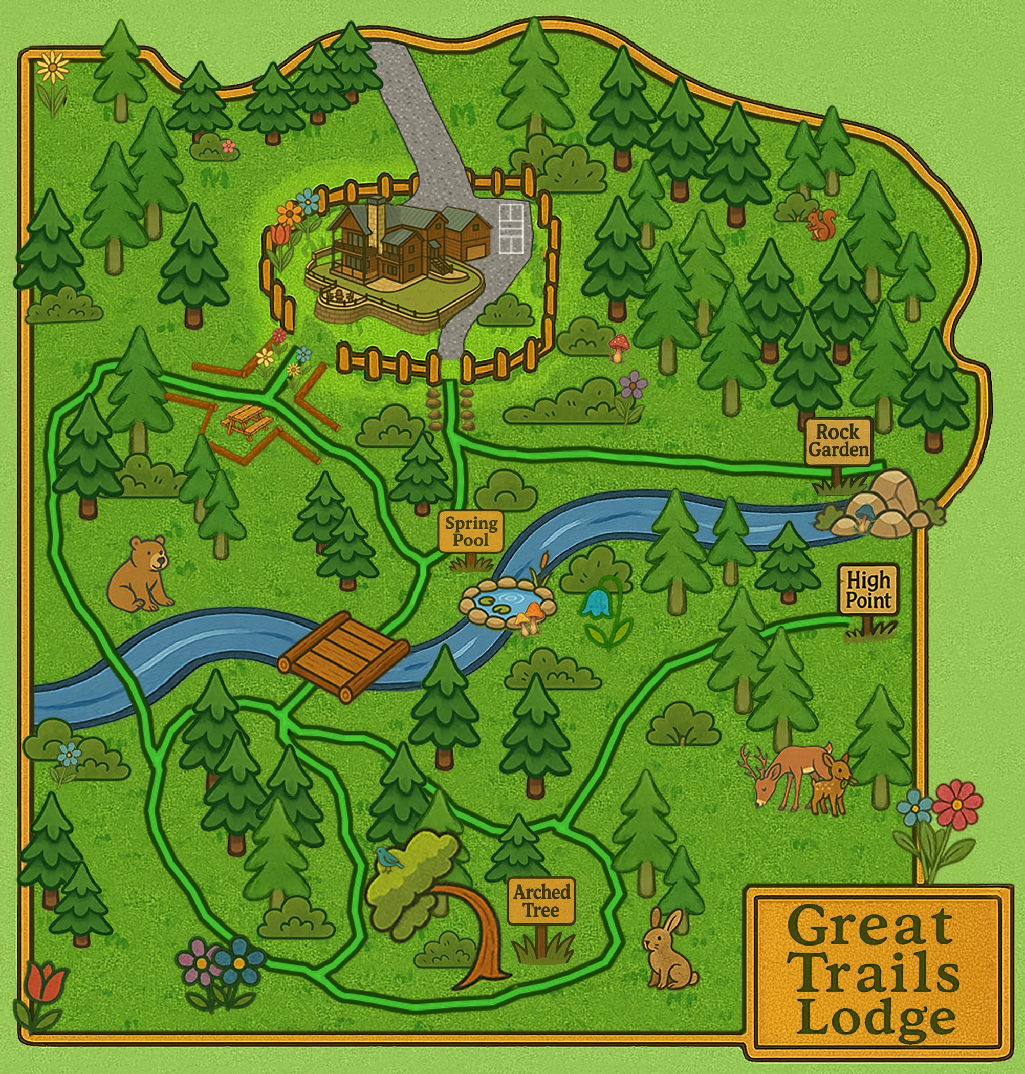 Illustrated map of the trails on the property